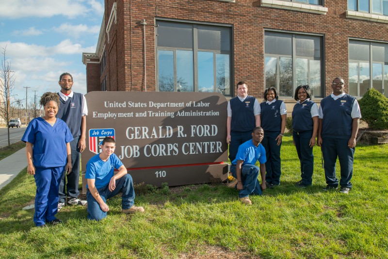 Job Corps students outside the Gerald R. Ford Center. 