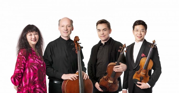 Pianist Wu Han, cellist Clive Greensmith, violist Matthew Lipman, and violinist Paul Huang performing "French Enchantment"