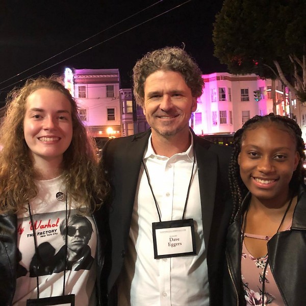 Maeve Wilbourn and Aliya Hall in San Francisco with writer Dave Eggers.