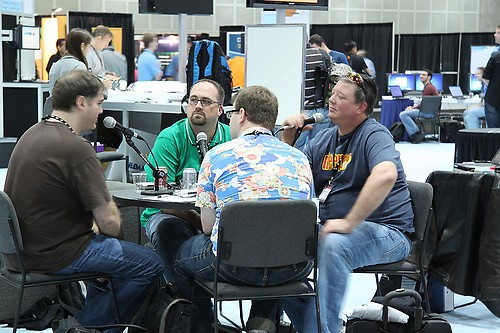 Woodruff (in green) and Elder (in navy) snagging interviews at Microsoft's 2009 Professional Developers Conference.