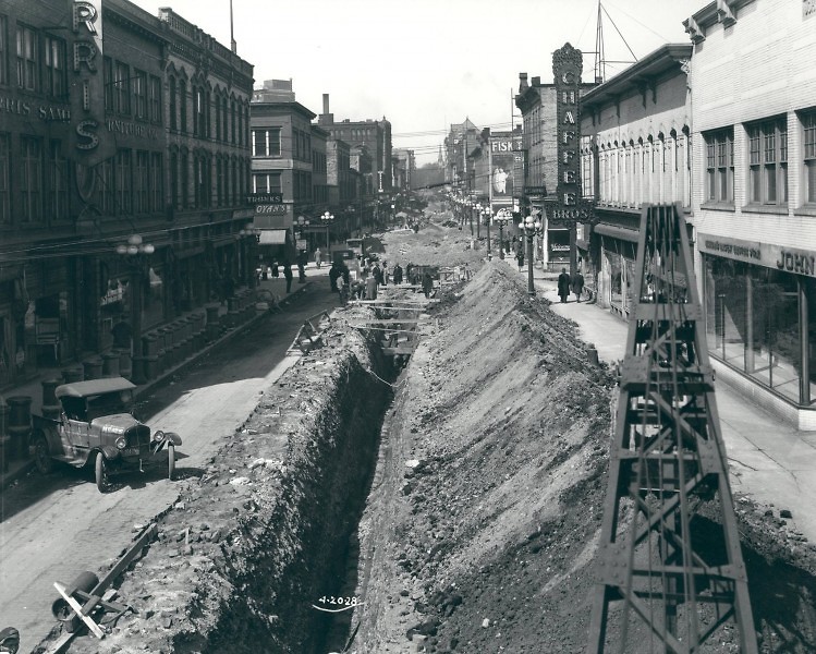 The Harris Building (left), site of the History of Heartside event, can be seen in this 1928 photo of a street-widening project.