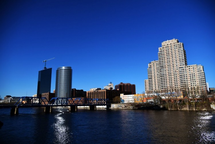 The Blue Bridge, the Grand River, and the buildings of downtown Grand Rapids
