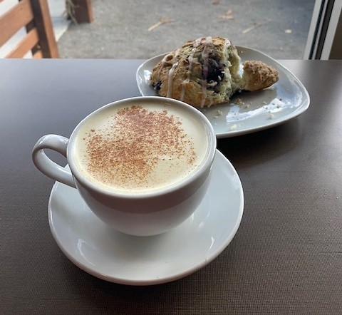 Golden Chai and blueberry scone at Lucy's Cafe.