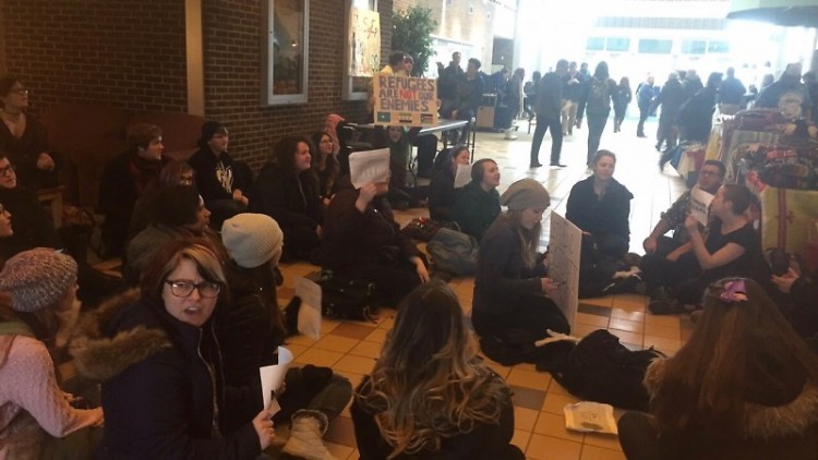 Students protesting in the middle of Kirkhof Center 