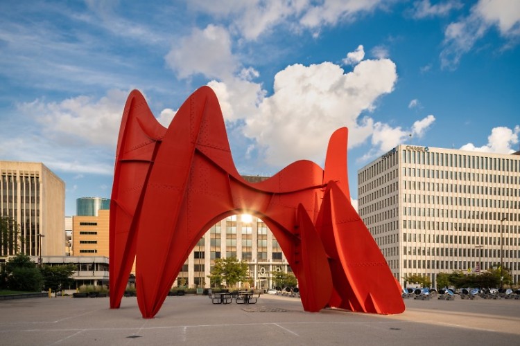 La Grande Vitesse, a sculpture by artist Alexander Calder, in front of Grand Rapids' City Hall.