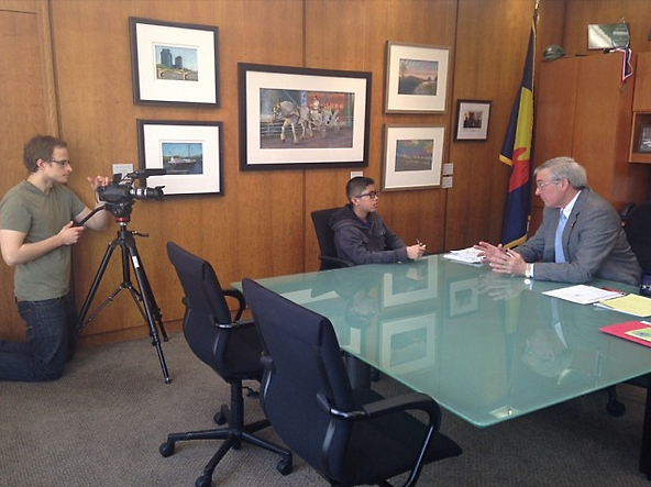 (L to R) Chris Kotcher films cub reporter Edgar and Mayor Heartwell for an upcoming video