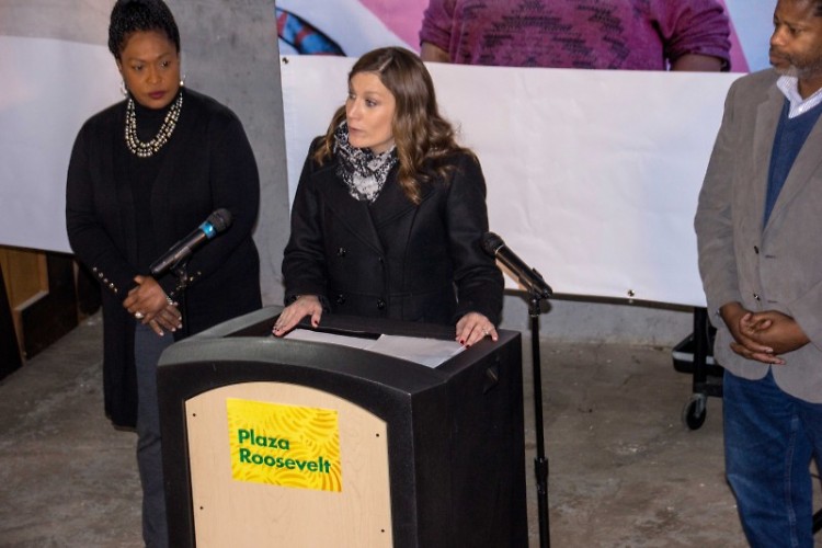Habitat Kent Executive Director BriAnne McKee introduces the Plaza Roosevelt project alongside community partners.