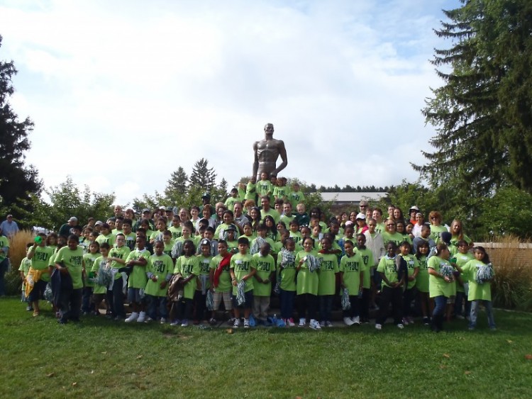 GRPS students gather for a photo at the famous Sparty statue on the campus of Michigan State University in East Lansing.