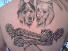 Stacie Kreiser's tattoo on her back, portraying her two dogs (Rex on Left, Miko on Right) with the Quote beneath them.