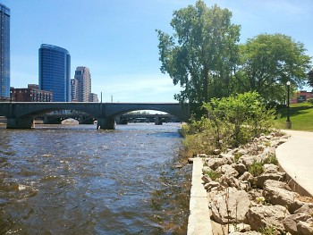 Grand River meets Ah-Nab-Awen Park in downtown Grand Rapids.