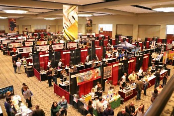 Aerial view of the ballroom with the tasting vendors.