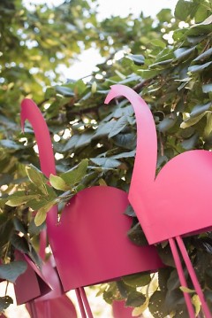 Closeup of "250 Flamingos" by Michael Liscano at DeVos Place