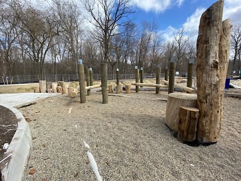Natural play space being constructed at Ken-O-Sha Park, using recycled fallen trees.