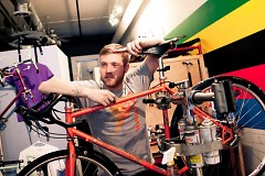 Daniel Koert at his bicycle shop, <a href="http://www.facebook.com/pages/Grand-Rapids-MI/Commute-GR/107259887928">CommuteGR</a>.