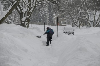 An individual shoveling snow off the sidewalk 
