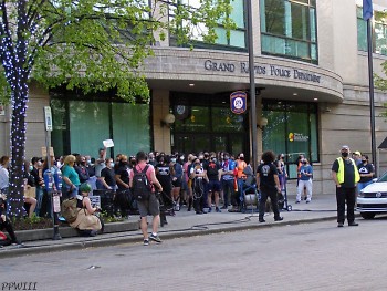 Protestors gather outside of the GRPD HQ in downtown GR in 2021.