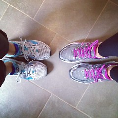 Doublstein and friend Sarah's shoes before a long run while training for the 2013 Fifth Third River Bank 25K 