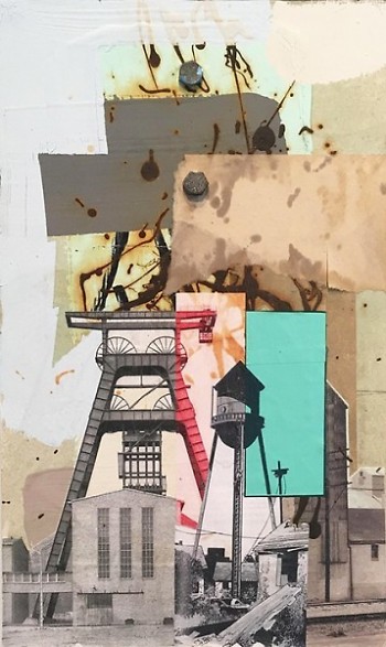 Steven Vinson. "Fruit of Labor." Collage on drywall. 8 1/2" x 14 1/4." 2017.