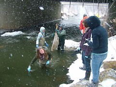 Students collecting data from underneath the 28th Street bridge during a late winter snowstorm. Rain events and snowmelt cause t