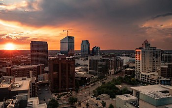 Downtown Grand Rapids at sunset.