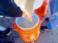 One of the teams making mash of the malt and hops mixture.