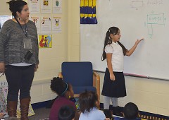 Southwest Community Campus third-grader Martha Martinez helps explain a math equation in Spanish