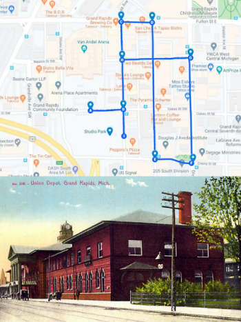 A custom Google map delineates the walking tour route where the Union Station once proudly stood.