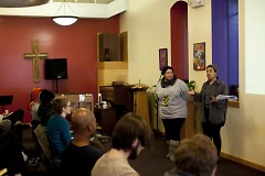 Founders Anita Moore (left) and Briana Urena-Ravelo lead the discussion at the first ever gathering for BLM Grand Rapids.