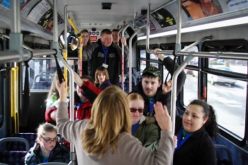 Students learn how to ride the bus.