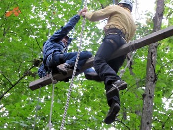 The entire LGR class participated in a High-Ropes course at their opening retreat at Little Pine Island (S.A. Camp).