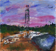 An art piece by Mandi Creveling depicts a fracking well on Michigan state forest land.