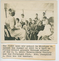 In 1911,  Goss became Michigan’s first teacher of an open air school, a new concept to prevent children from contracting TB..