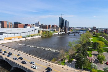 Skyline view of the Grand River in downtown Grand Rapids, facing south.