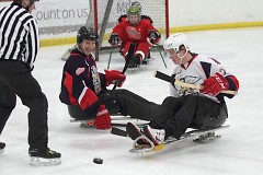 Griffins players Jordan Pearce and Louis-Marc Aubry battle for the puck