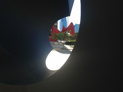 A glimpse of Alexander Calder’s “La Grande Vitesse” can be seen through the center of Clement Meadmore’s “Split Ring.”