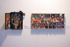 3-D pieces made from found objects "Take My Hand: Precious Soul Awakening," and "Welcome to the USA," by Monica Stegeman